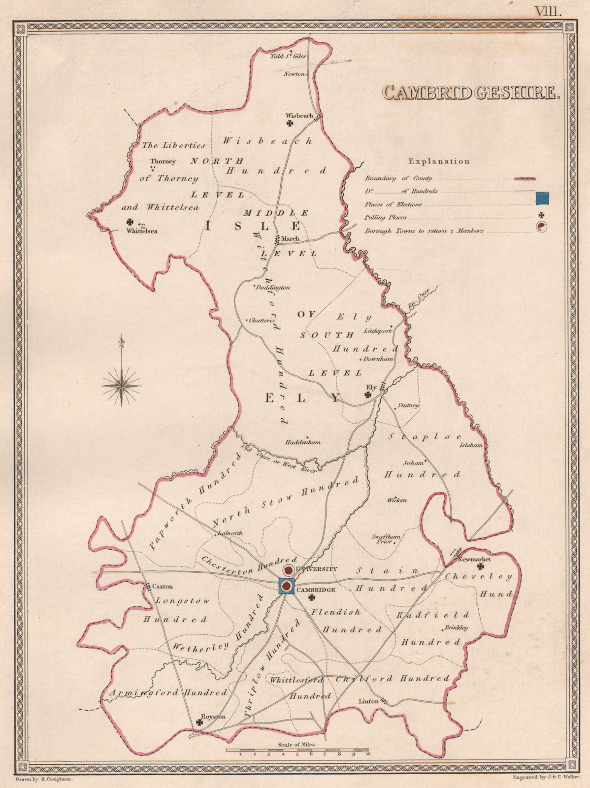 CAMBRIDGESHIRE antique county map by CREIGHTON/WALKER. Electoral 1835 old